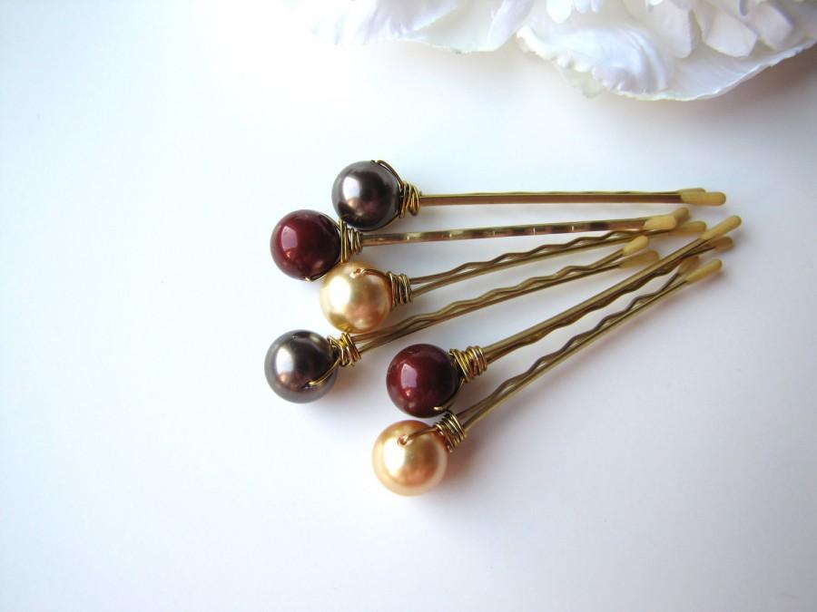 Hochzeit - Autumn Pearl Hair Pins Mix 2, Brown Bordeaux and Gold