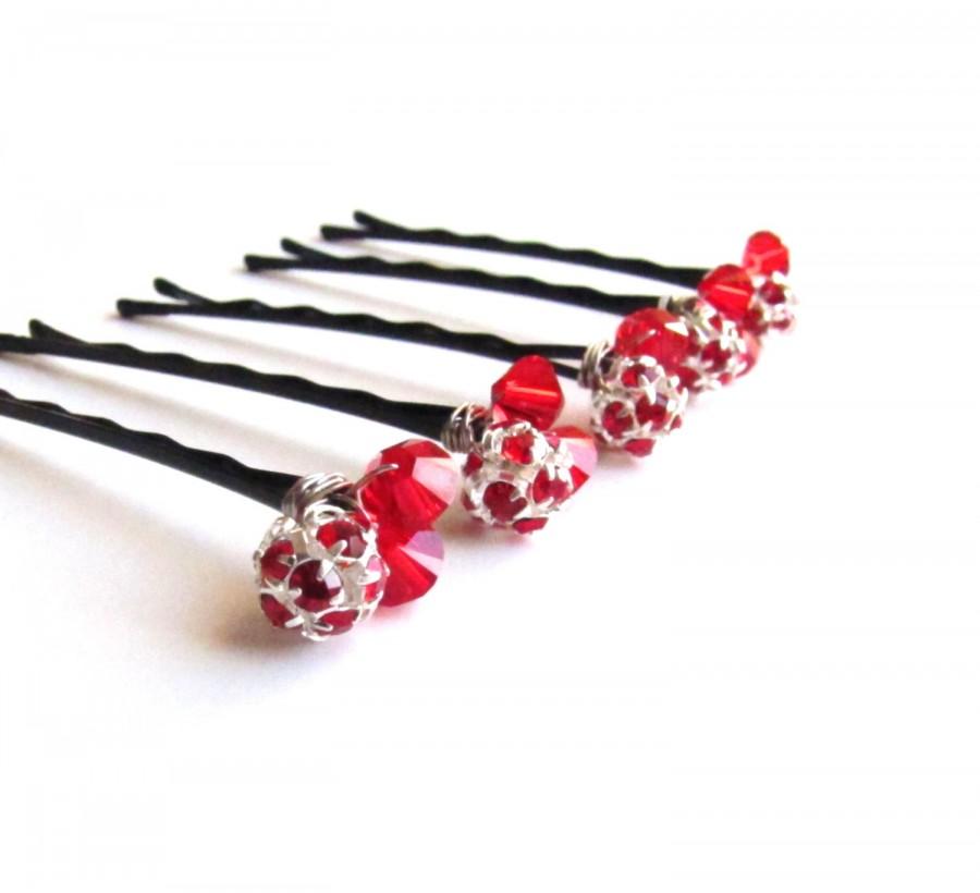 Hochzeit - Hair Pins Red Rhinestone Clusters, Christmas Wedding Bobby Pins, Silver or Gold tones