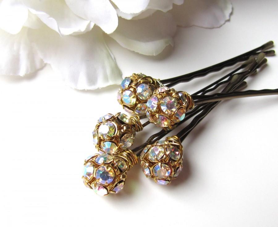 Hochzeit - AB Bridal Hair Pins, Aurora Borealis Crystals with Gold Tone, Glitz Shimmer Holiday Fashion