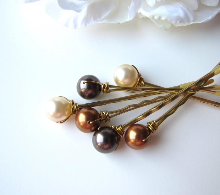 Wedding - Autumn Pearl Hair Pins Mix 1, Brown Copper and Light Gold