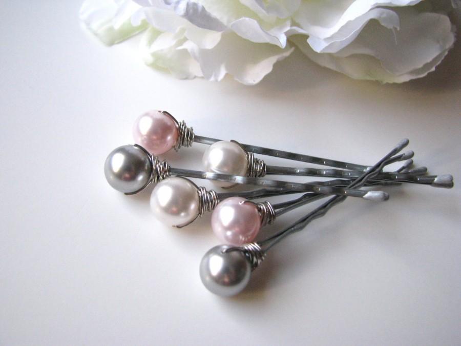 Wedding - Hair Pin Pearls White Pink Grey Swarovski