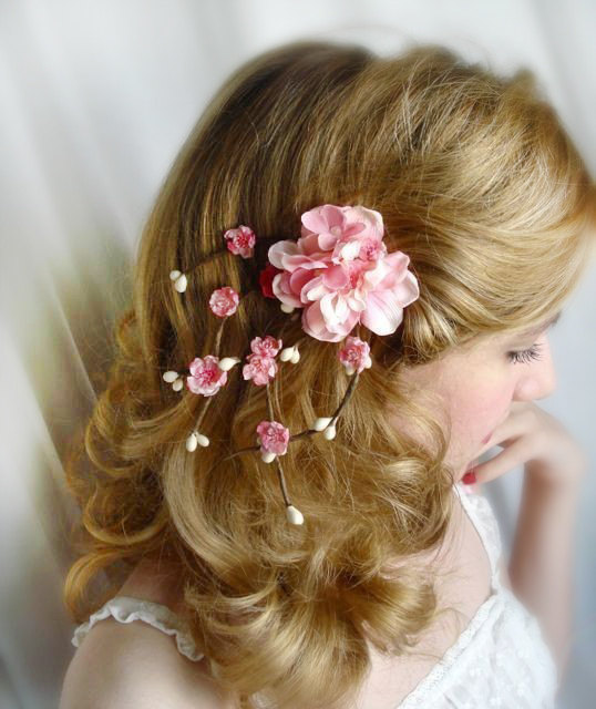 Wedding - cherry blossom hair accessories, pink flower hair clip, bridal hair piece, wedding headpiece, bridesmaid hair clip - SAKURA BRANCH