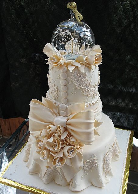 Wedding - Ivory Lace Tiered Fondant Wedding Or Anniversary Cake Main View