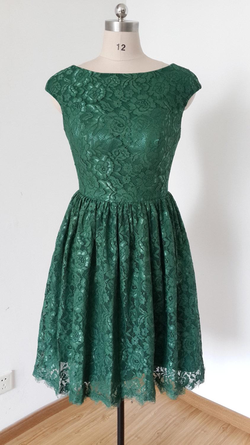 Mariage - 2015 Cap Sleeves Dark Green Lace Short Bridesmaid Dress with Back Buttons