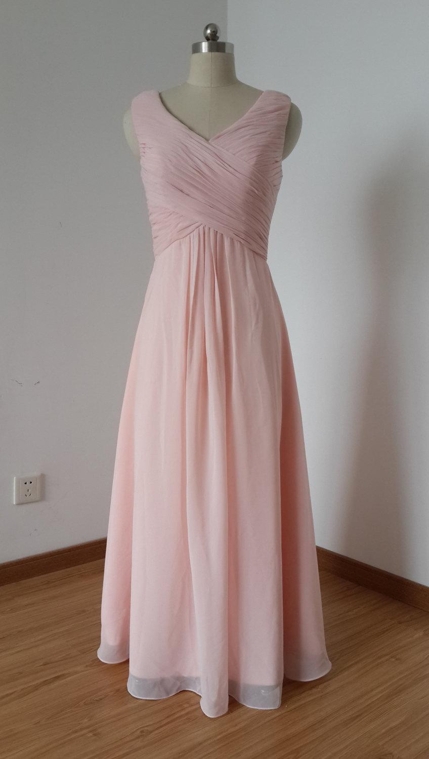Hochzeit - 2015 V-neck Pearl Pink Chiffon Long Bridesmaid Dress