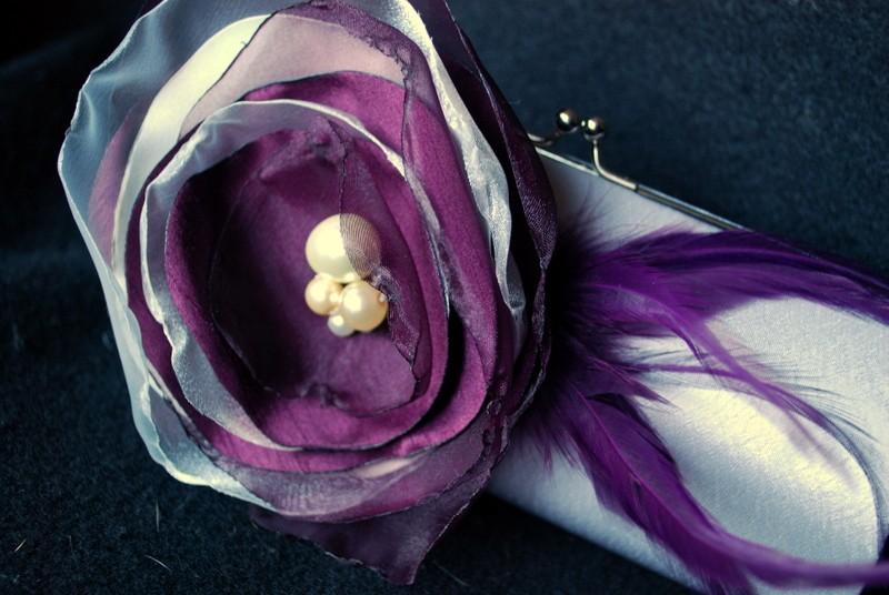 Wedding - Bridesmaid Clutch/ Silver Satin clutch with Eggplant Purple and Ivory Flower with Feather Accents