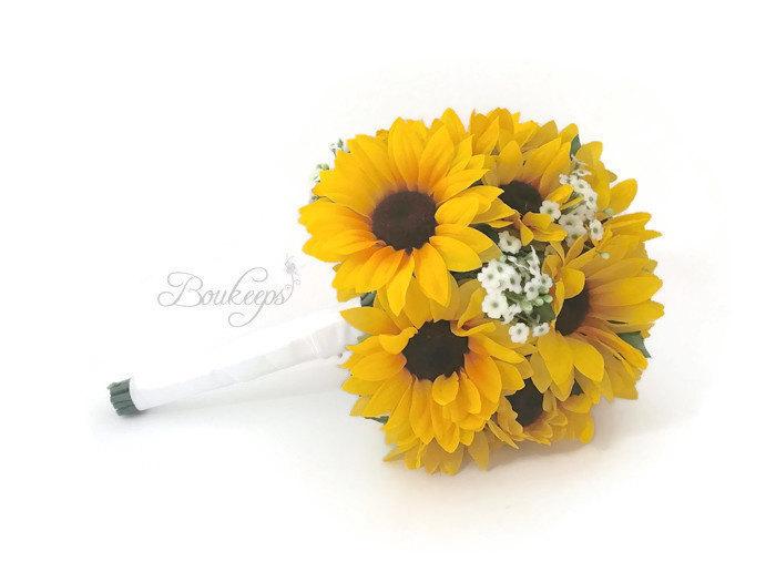 زفاف - CHOOSE RIBBON COLOR - Sunflower & Baby's Breath Bridal / Bridesmaid Bouquet, Sunflower Bouquet, Baby's Breath Bouquet, Sunflower Wedding