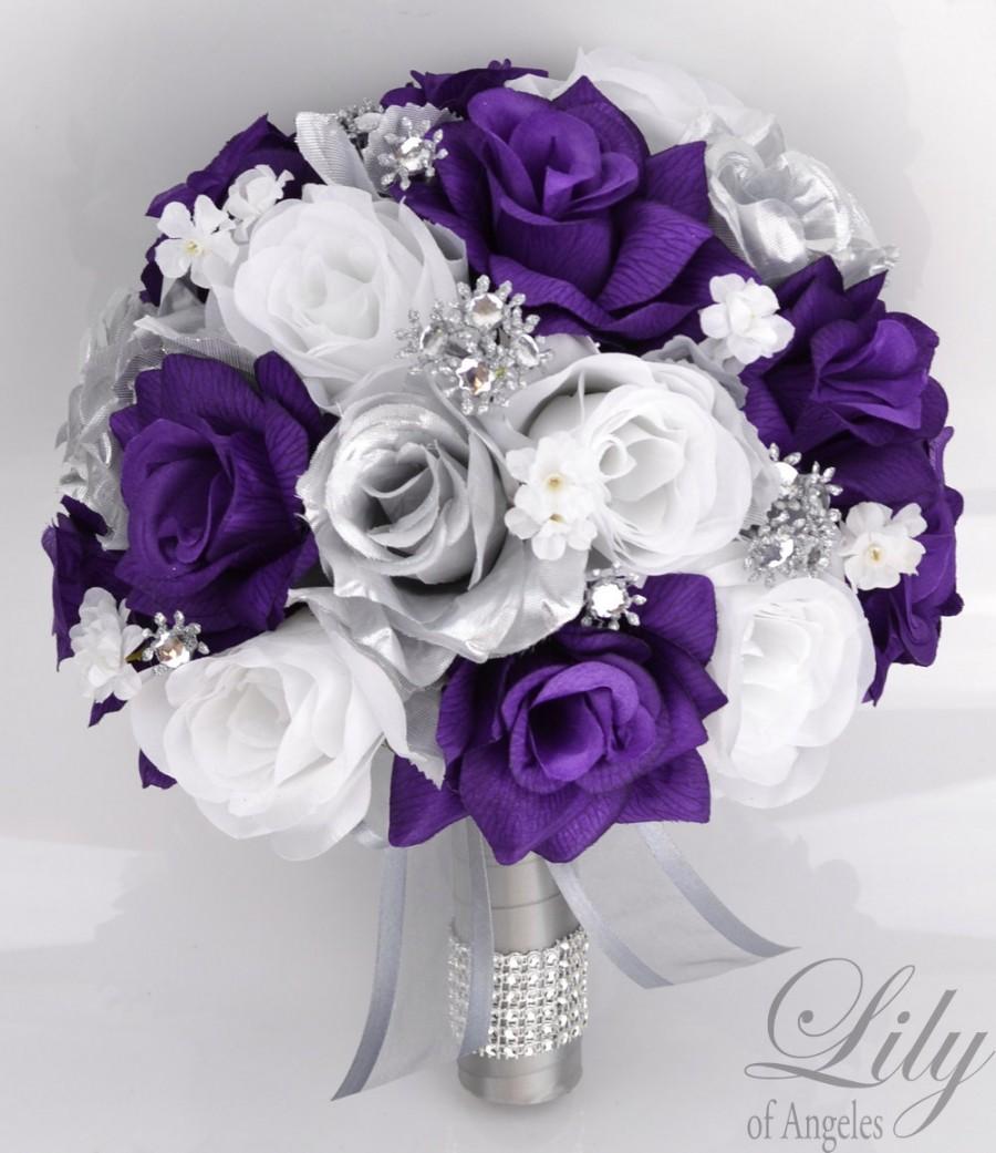 Wedding - 17 Piece Package Bridal Bouquet Wedding Bouquets Silk Flowers Bride Maid Bridesmaid Corsages PURPLE SILVER WHITE "Lily of Angeles" PUSI01