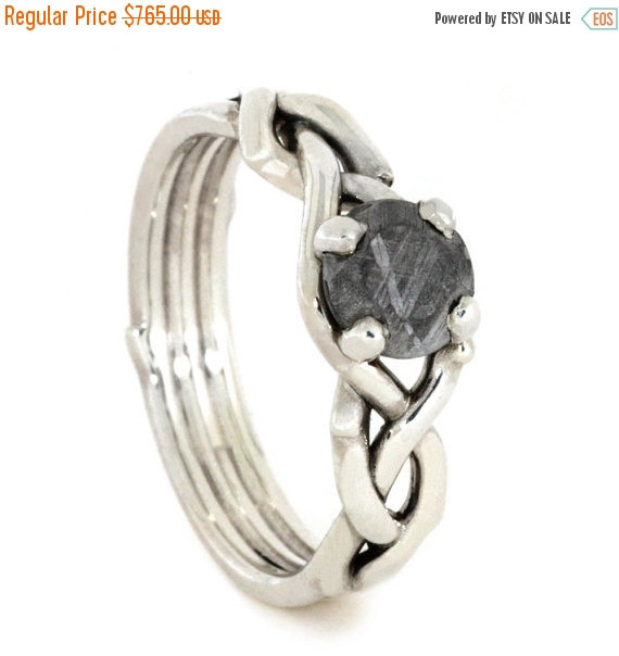 Wedding - Wedding Sale Sterling Silver Engagement Ring, Woven Ring Band with a Meteorite Center Stone, Unique Meteorite Engagement Ring
