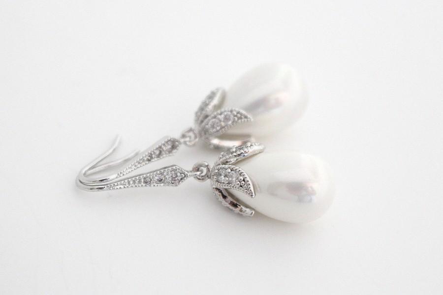 زفاف - Bridal Earrings Pearl, White Pearl Earrings Wedding, Teardrop Pearl Earrings Dangle, Bridesmaid Pearl Earrings Handmade Bridal Pearl Earring
