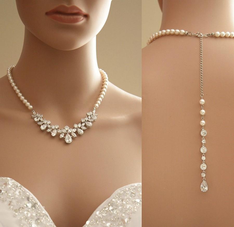 زفاف - Bridal Jewelry, Bridal Backdrop Necklace, Crystal and Pearl Wedding Necklace, Wedding Back Necklace Bridal Jewelry, Nicole