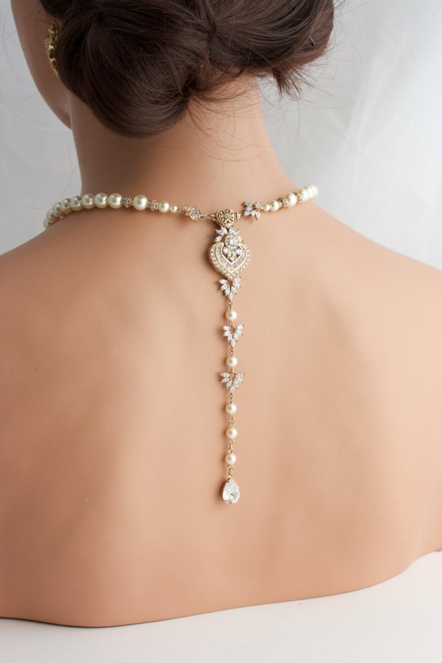 Mariage - Wedding Jewelry Gold Backdrop Necklace Long Back Drop Bridal Necklace Pearl Crystal Wedding Necklace EVIE
