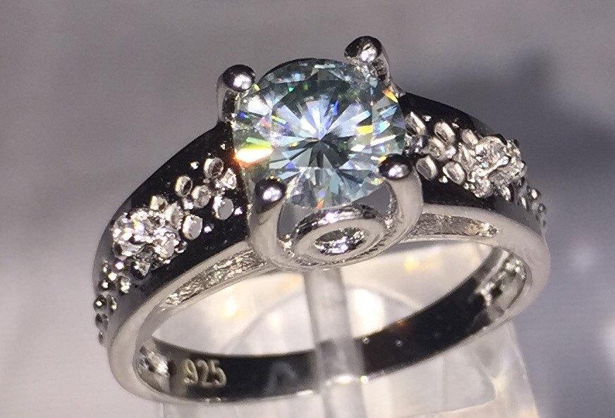 Hochzeit - Genuine Moissanite Round Brilliant Cut Fancy Light Blue Wedding/Engagement Ring 1.03ct set in 925 sterling silver n Rhodium Size 7.