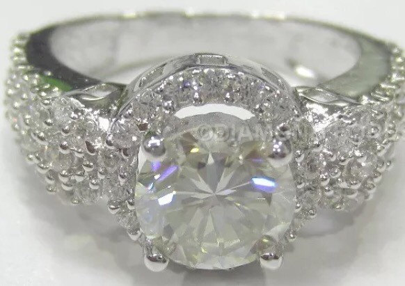 Wedding - Genuine Moissanite Engagement Ring 2.60ct Solitaire Sparkling White Round Brilliant cut w/1.35 zircon accent stones in 925 SS