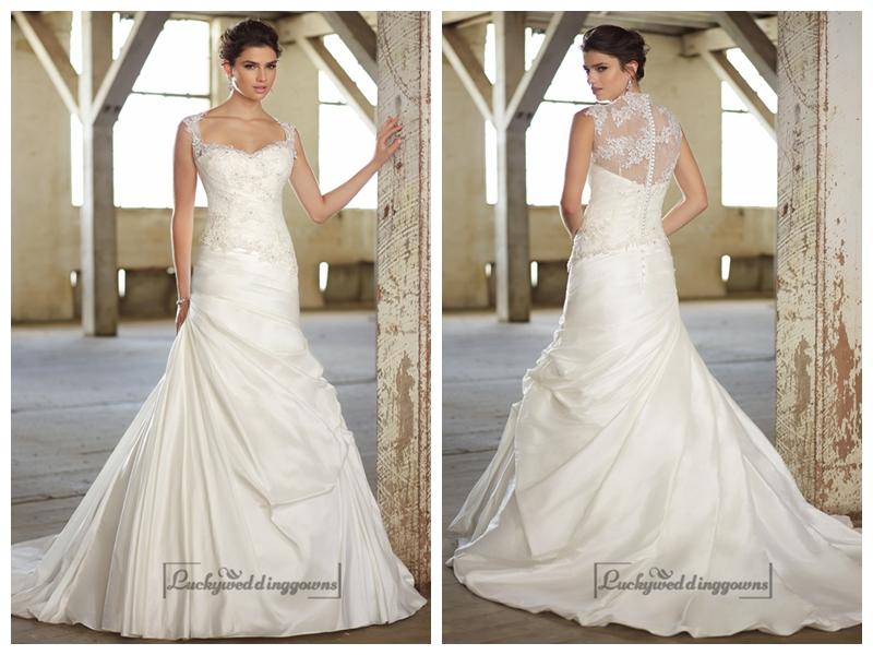 زفاف - Cap Sleeves Lace Over Bodice A-line Wedding Dresses with Illusion Back