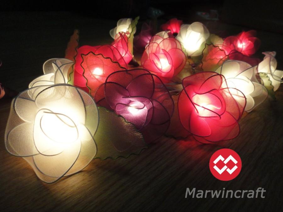 Mariage - 20 White Pink Purple Big Rose Flower Fairy Lights String 3.5M Home Accent Floral Party Patio Wedding Floor Table or Hanging Gift Home Decor