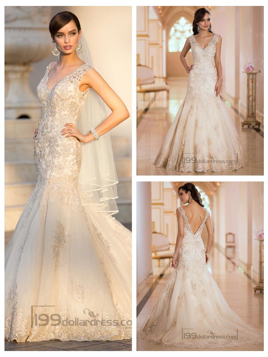زفاف - Elegant Straps Pluging V-neck Beaded Lace Wedding Dresses with Deep V-back