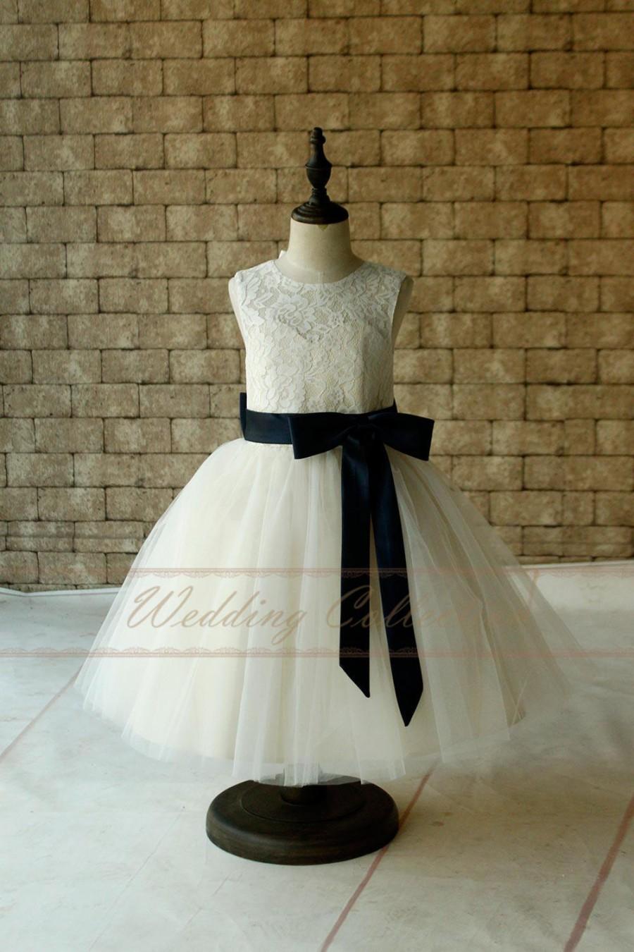 Hochzeit - Ivory Lace Tulle Flower Girl Dress With Navy Sash and Bow, Champagne Lining