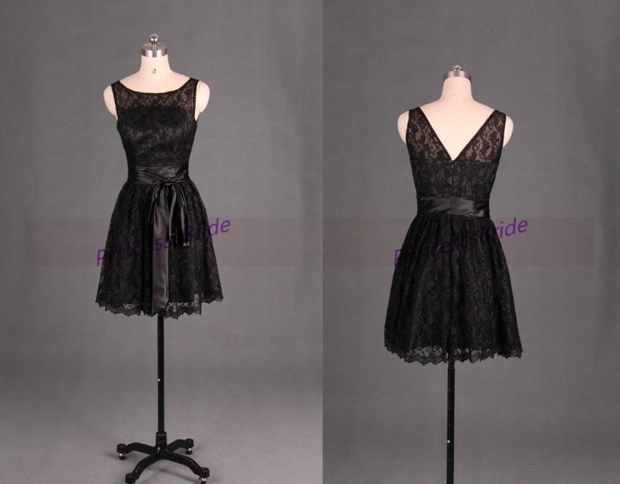 Hochzeit - Latest short black lace bridesmaid dress hot,cute women dresses for wedding party,cheap prom gowns with satin sash.