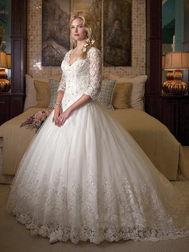 زفاف - 2016 New Tulle V-Neck Wedding Dresses Sexy Lace Long Sleeve Applique Bridal Dresses Ball Gowns Online with $114.04/Piece on Hjklp88's Store 