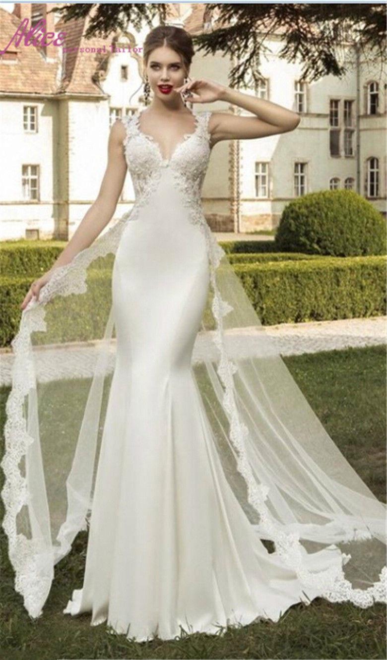 Wedding - Beautiful Mermaid Bodice Fitted 2016 Wedding Dresses Hollow Back Satin Lace Appliques Bridal Dresses Gowns Ball Garden Sweep Train Online with $105.24/Piece on Hjklp88's Store 