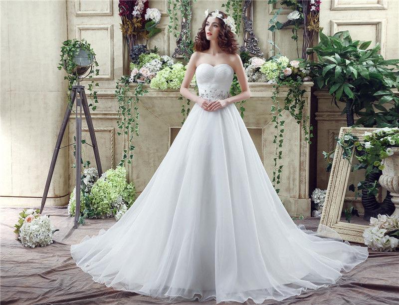 Mariage - Simple Style Oraganza White Wedding Dresses 2016 Beads Sash Pleated A-Line Sweetheart Chapel Train Cheap Bridal Dress Ball Gowns Online with $102.88/Piece on Hjklp88's Store 