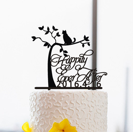 Wedding - Happily Ever After Cake Topper-Personalzied Tree Cake Topper Cat-Rustic Wedding Cake Topper with Date-Phase Cake Topper-Happily Ever After
