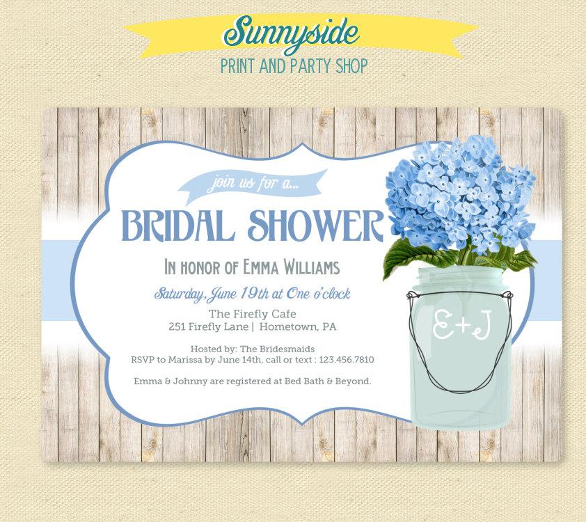 Hochzeit - Something Blue Rustic Mason Jar Bridal Shower Invite - Blue Hydrangeas Invitation