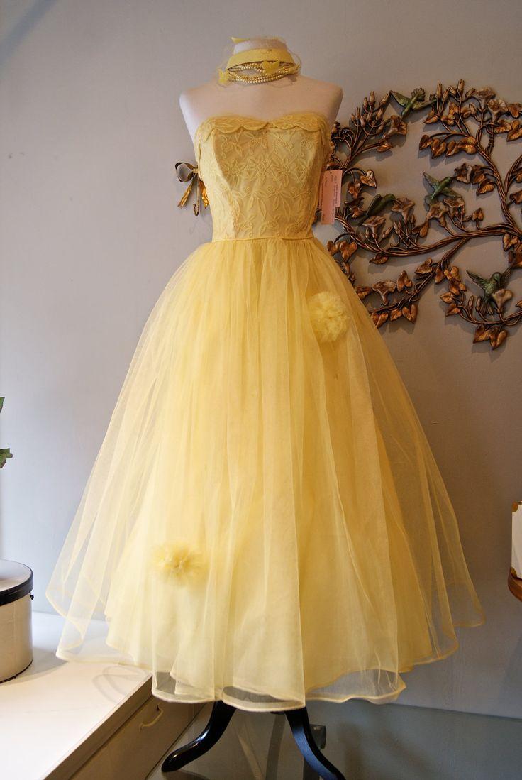 زفاف - 50s Dress / 1950s Party Dress / 50s Wedding Dress / Vintage 1950s Yellow Tulle Strapless Dress Size S