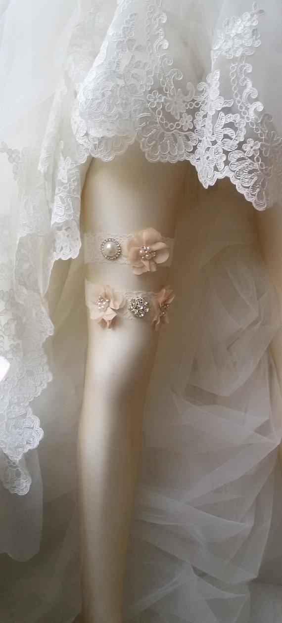 Hochzeit - Wedding garter set, Wedding Leg Belts , Bridal accessoary, Champagne wedding garters, Chiffon Flower Rhinestone Lace Garters