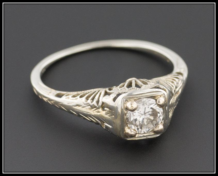 زفاف - Art Deco Diamond Engagement Ring, 18k White Gold Filigree Ring