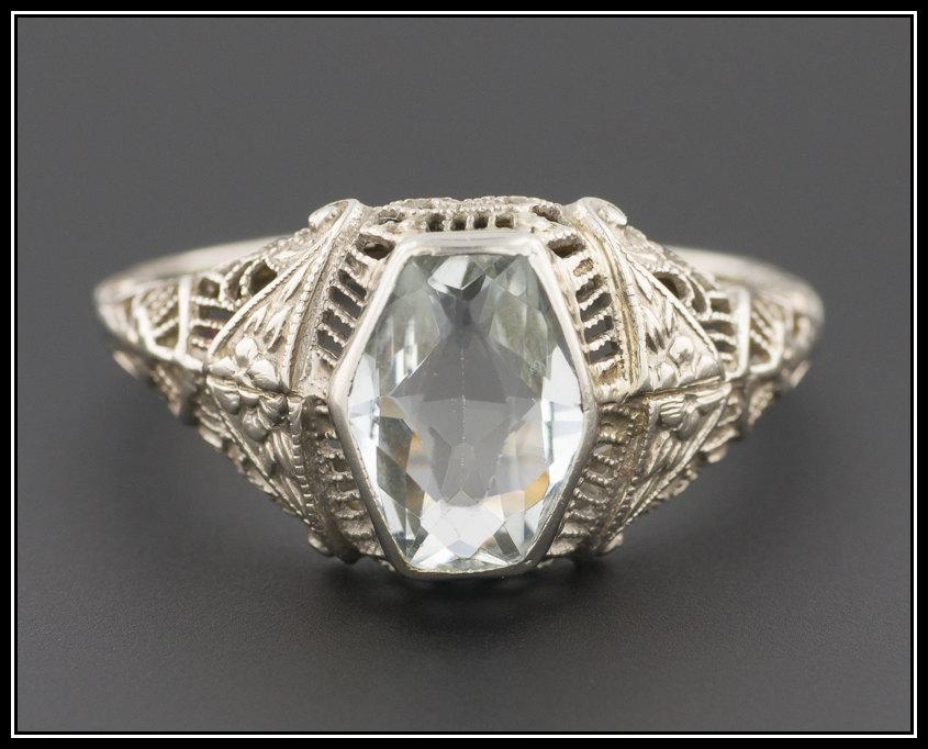 زفاف - Vintage Art Deco Synthetic Aquamarine Ring, 14k Gold Filigree Ring