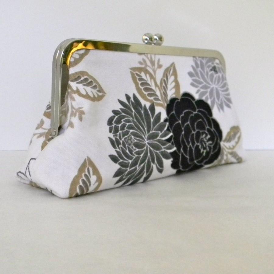 زفاف - Clutch Black White and Silver and Gold Floral Clutch, purse, small handbag for Wedding