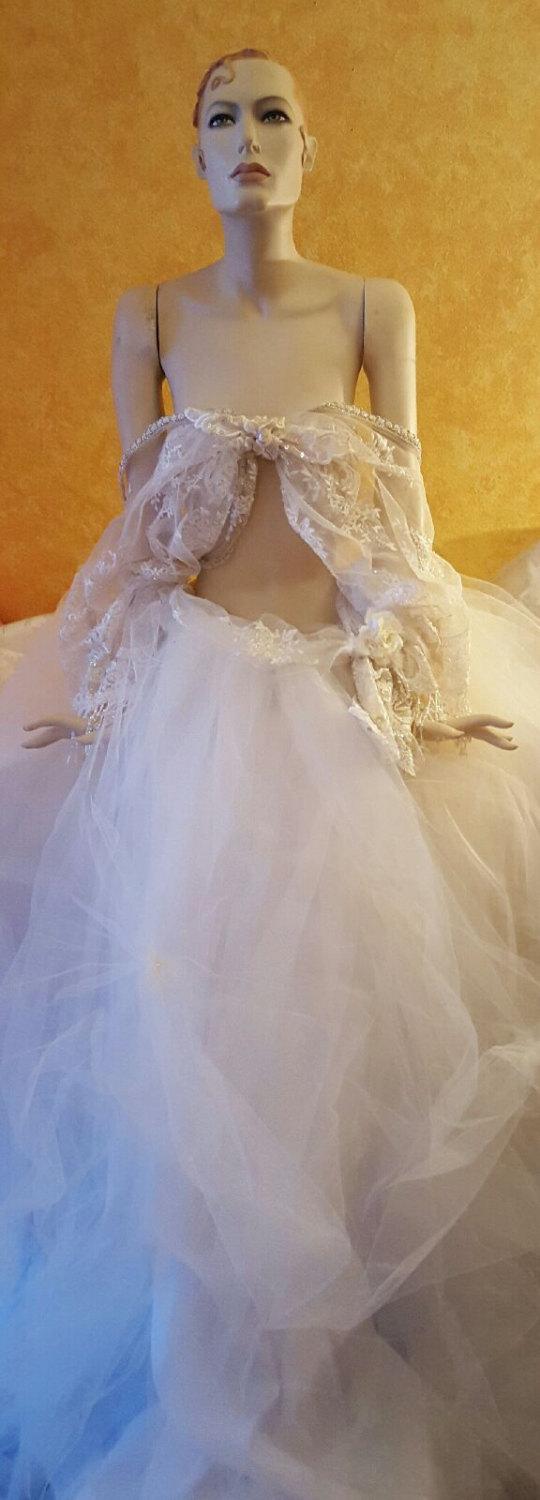 زفاف - Custom Order / Romantic Ivory Beaded Lace 4 Piece Off Shoulder Top & Tulle Ball Gown Skirt Bridal Wedding Set Boho Belly Dance (more colors)