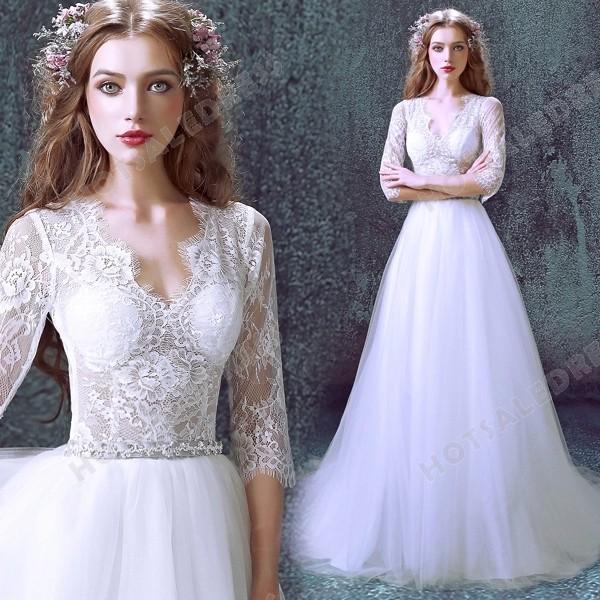 زفاف - A-Line Luxurious Lace Sexy Deep V-neck Long-sleeved Wedding Dress 2016 New
