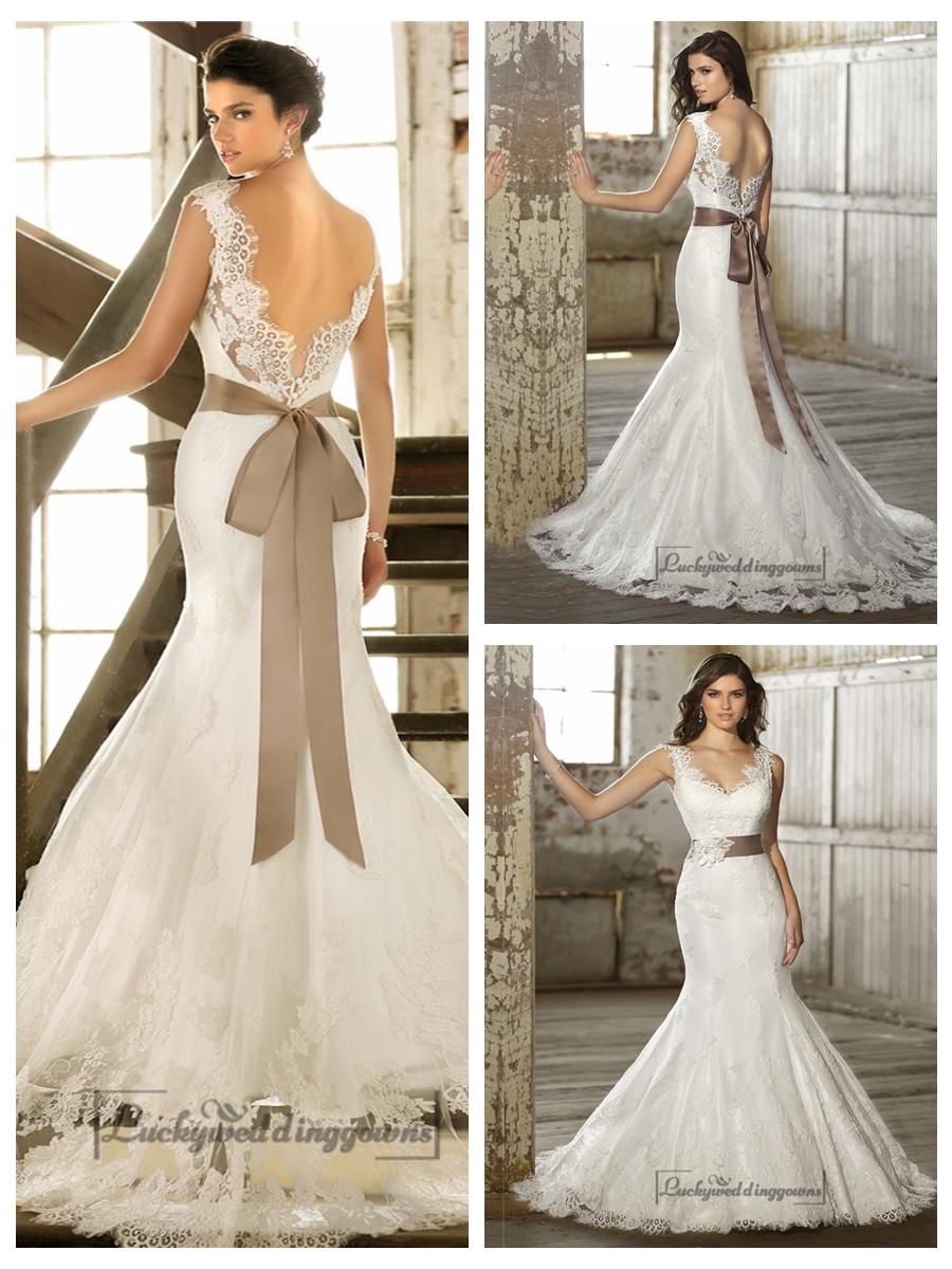 Hochzeit - Straps V-neck Trumpet Lace Wedding Dresses with Deep V-back
