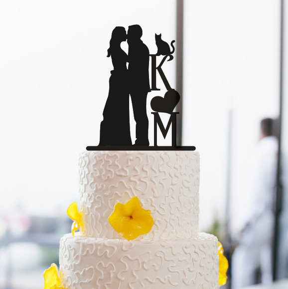 زفاف - Silhouette Kiss Cake Topper-Custom Couples Initial Cake Topper For wedding-Cake Topper With cat-Rustic Wedding Cake Topper cake Decor 54787