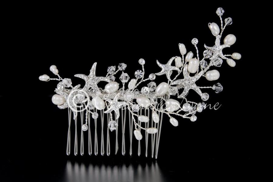 Свадьба - Beach Wedding Bridal Hair Comb Starfish Freshwater Pearls Silver Crystal Beads Clip Accessories