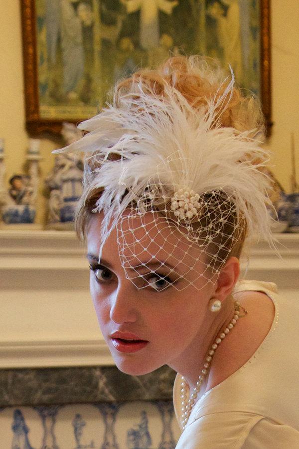 زفاف - Bridal headpiece, Bridal hair accessories wedding hair accessories handmade 1920s inspired ivory feather pearl fascinator with veil