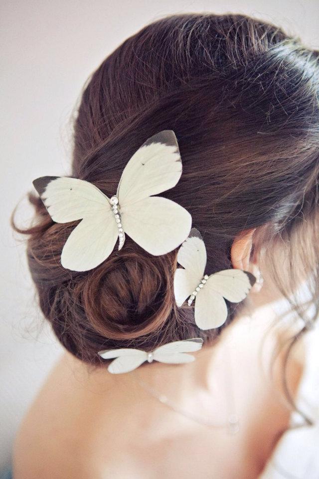 Hochzeit - Hand cut silk butterfly ivory hair clips  - Bridal/Wedding Trio with Swarovski Crystals