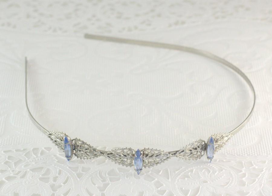 Hochzeit - Bridal headband blue crystal silver filigree vintage style wedding hair accessory