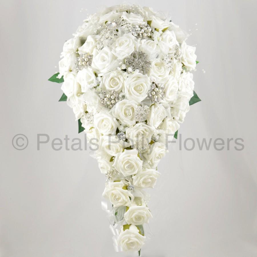 Mariage - Artificial Wedding Flowers, White Rose Brides Teardrop Bouquet with Diamante Brooches