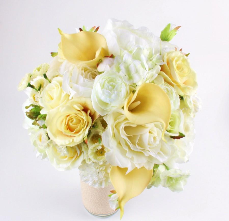 Hochzeit - Yellow Wedding Artificial Flower Wedding Bridal Bridesmaid Bouquet Yellow Calla White Rose Wild Flower Keepsake Bouquet