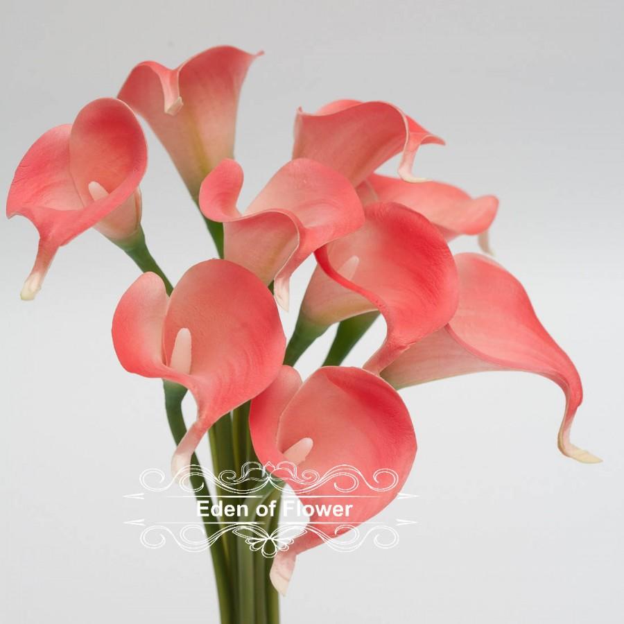 Mariage - Coral Calla Lilies Real Touch Flowers Bouquet for Bridal Bouquets Wedding Centerpieces Home Decoration Coral Wedding 9 stems