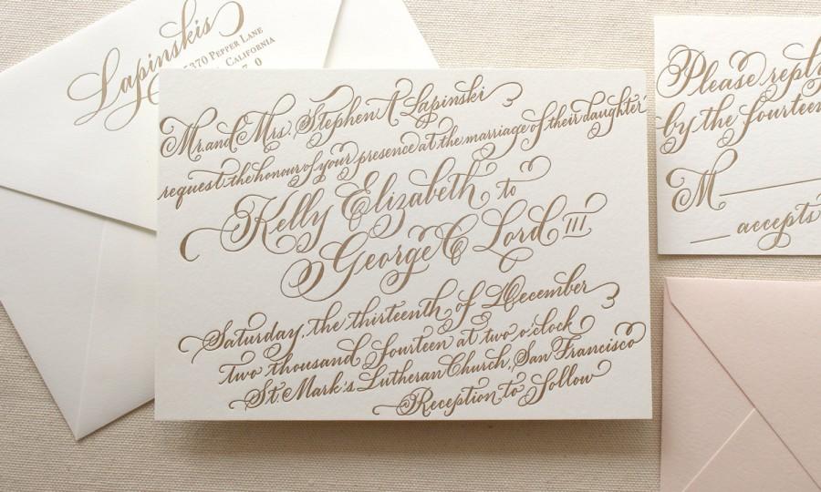 Wedding - The Gerbera Suite - Letterpress Calligraphy Wedding Invitations - Gold ink on Pearl White paper with Blush liner - Sample