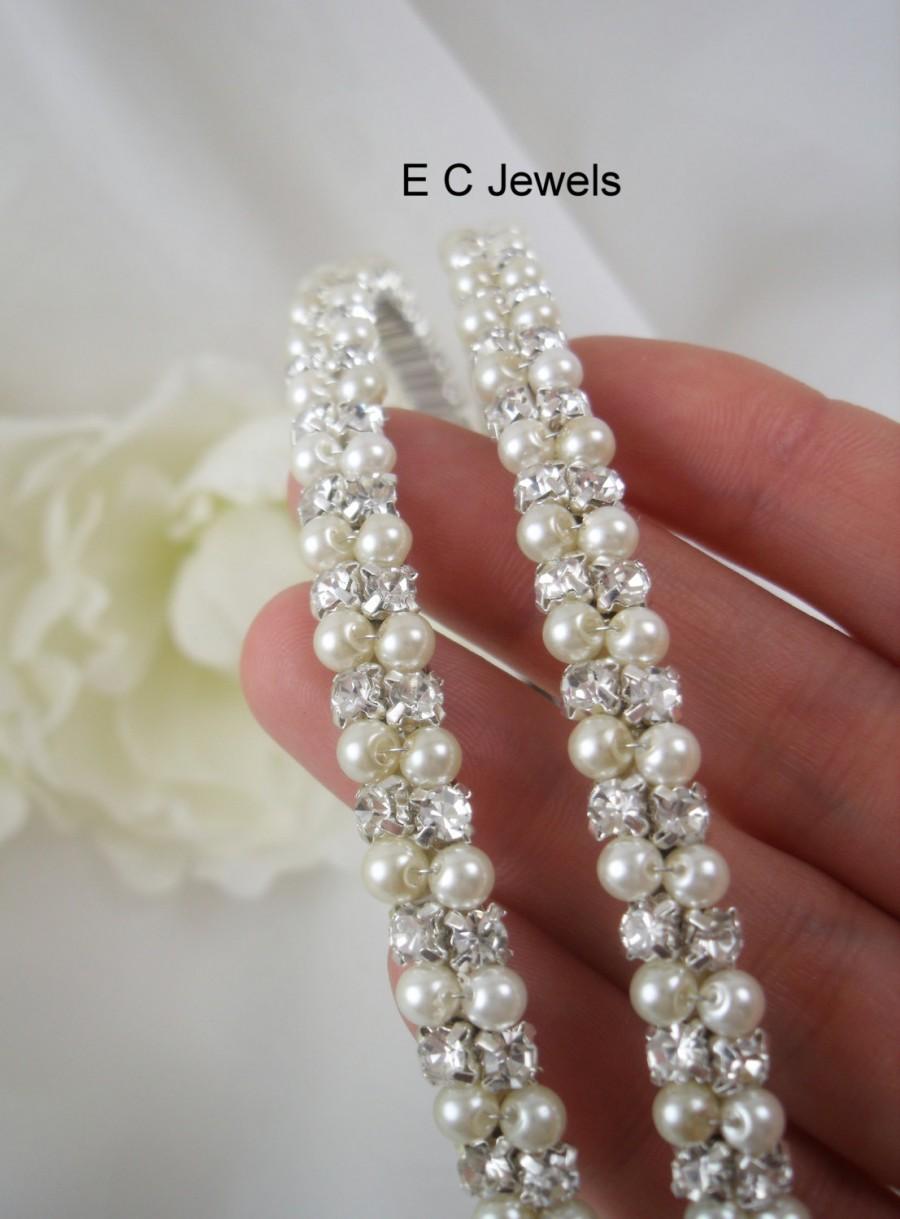 Hochzeit - Double Bridal Headband wrapped with Pearls and Rhinestones