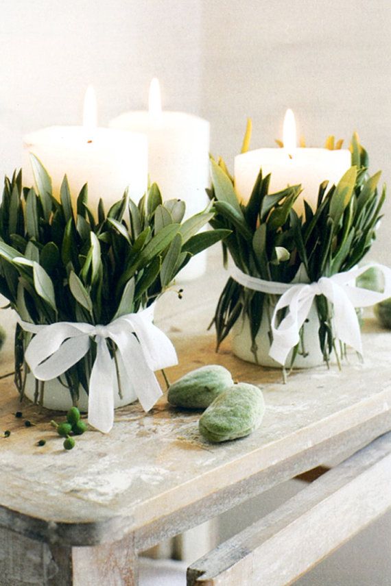 Hochzeit - Candle WREATHS, Rustic, French Candle Wrap . . . Candles Wrapped With Ribbon And Leaves