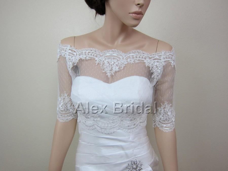 زفاف - Sale - Off-Shoulder dot Lace bolero jacket Bridal Bolero Wedding jacket wedding bolero with alencon lace trim-was 129.99