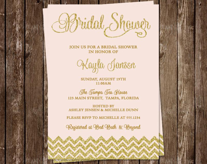 Wedding - Bridal Shower Invitations, Pink, Gold, Glitter, Wedding, Chevron Stripes, Set of 10 Printed Cards, FREE Ship, PIGLG, Pink Glitter and Gold