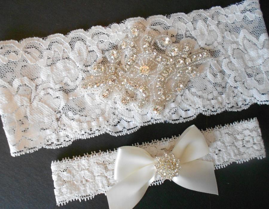 Wedding - TARA Wedding Garter Set Ivory or White Floral Lingerie Stretch Lace Bridal Garter Set With Rhinestone Diamond Setting